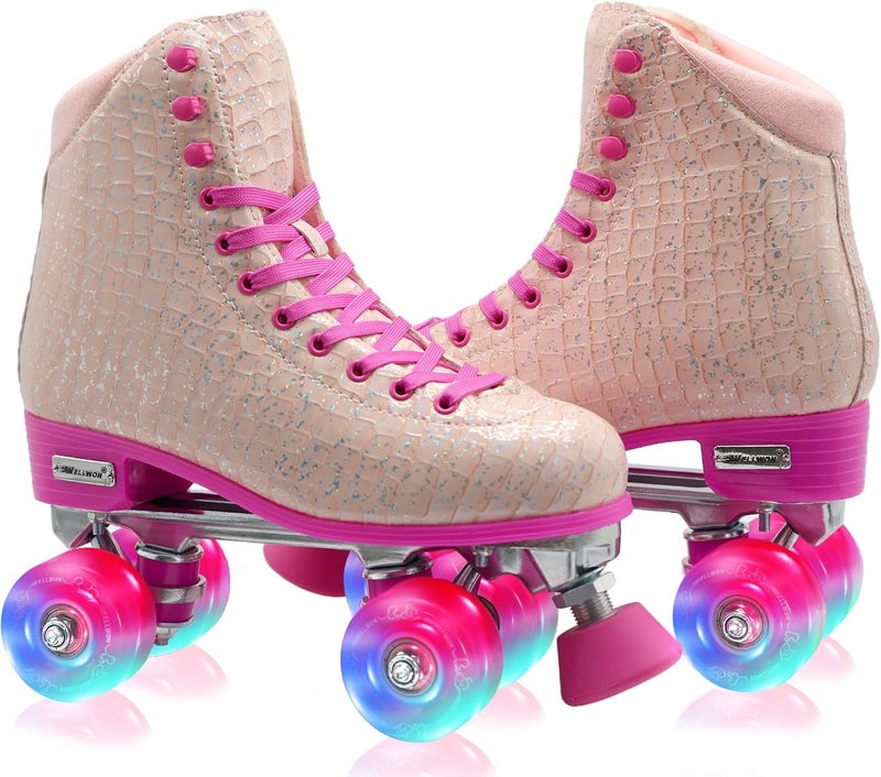 WELLWON Roller Skate for Women Girls and Kids, High-top Double Row-Classic Rollerskates Size 5 6 7 8 9 10 11 and Youth Size 2 3, Indoor Outdoor Roller Skates for Beginner Ladies with Light-up Wheels - Image 3